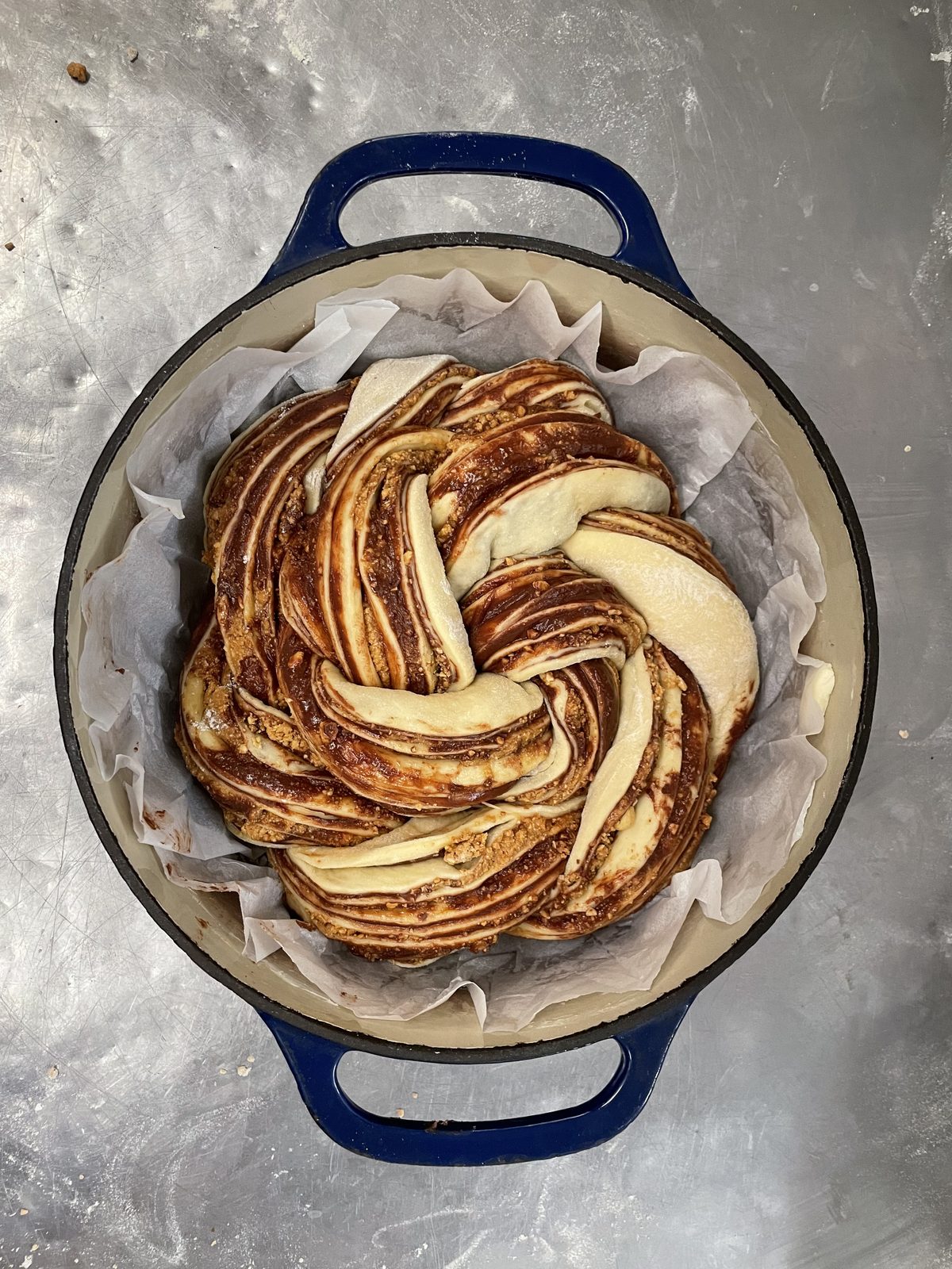 A hand-braided babka with espresso-tahini swirl